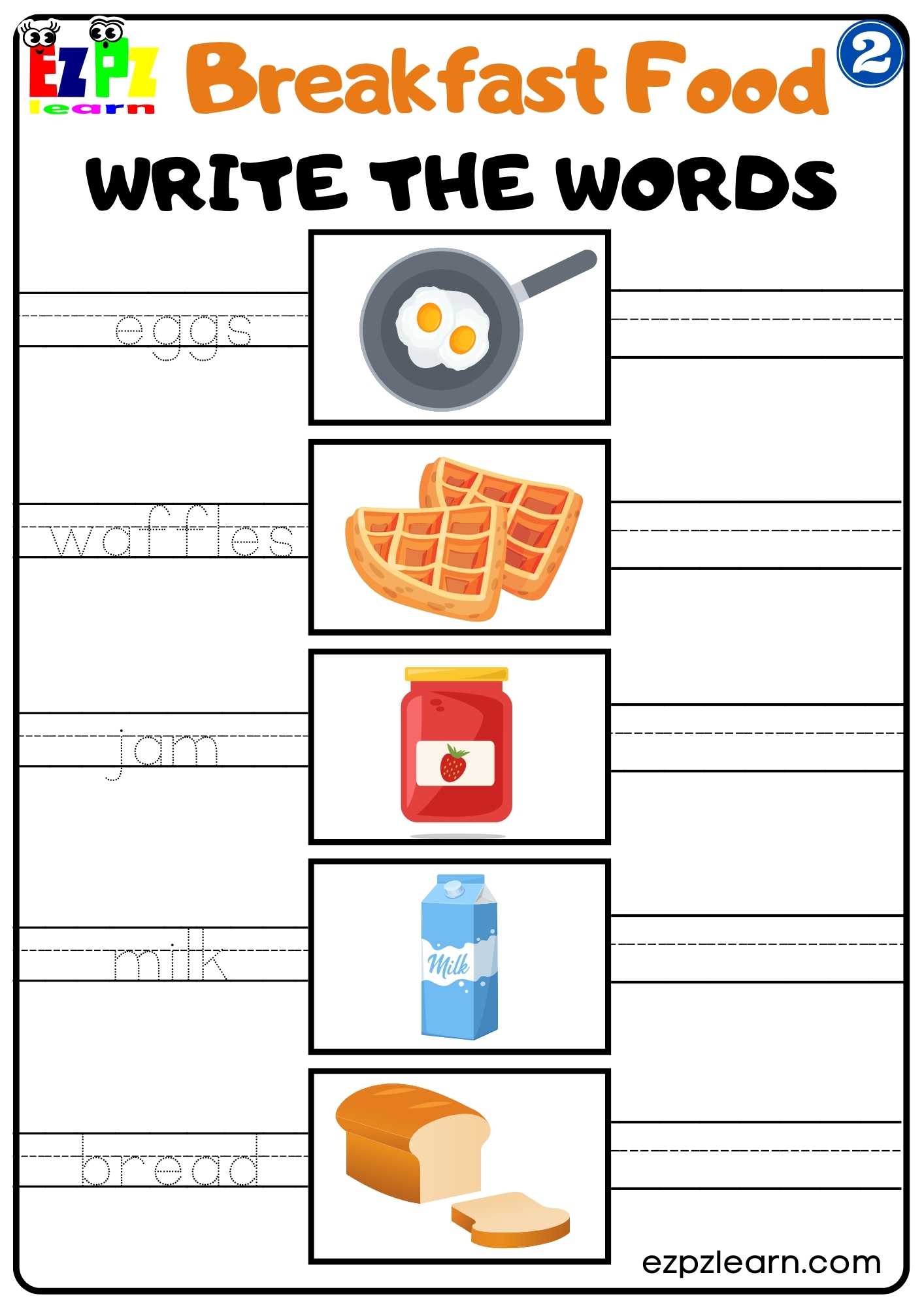 Group 2 Breakfast Food Vocabulary Write the Words Worksheet for K5 and ESL Students PDF Download